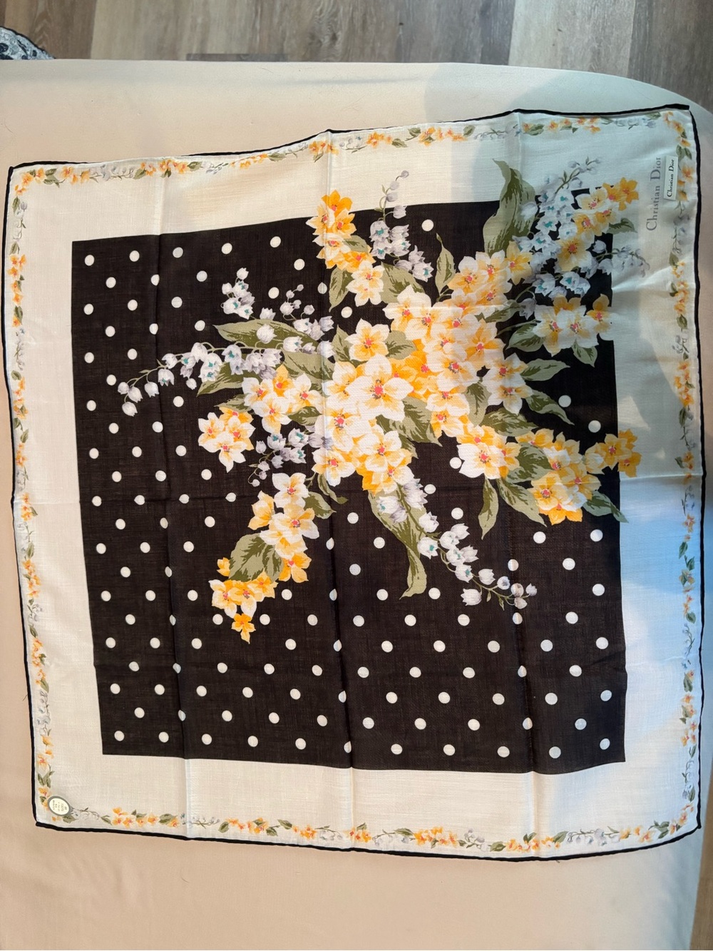 Authentic Vintage Christian Dior Square Floral Polka Dot Scarf - COA Included